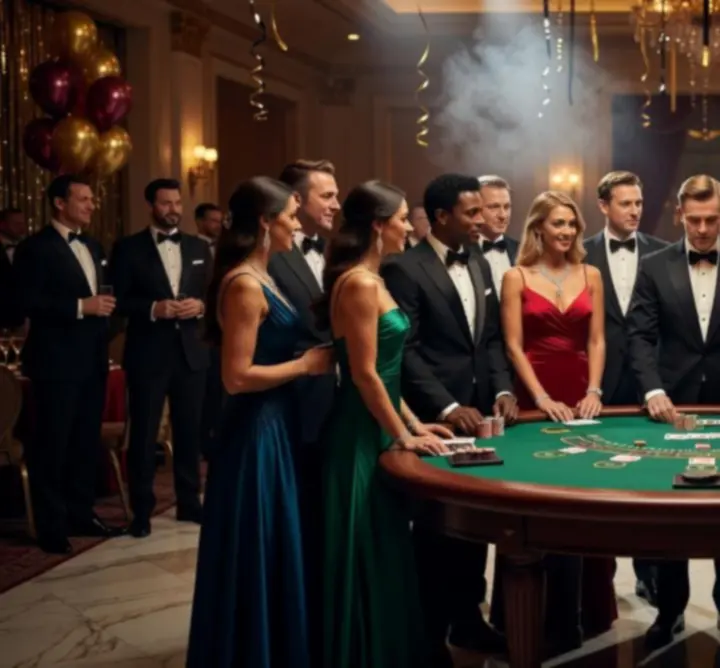 Scena eventowa z profesjonalnym stołem blackjacka, żetonami i elegancką oprawą świetlną.