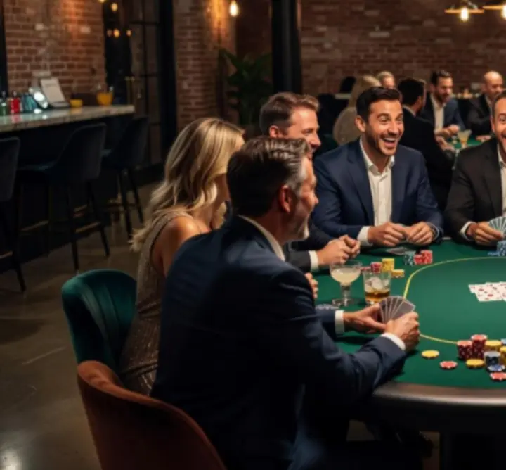 Grupa gości bawiących się przy stole pokerowym
