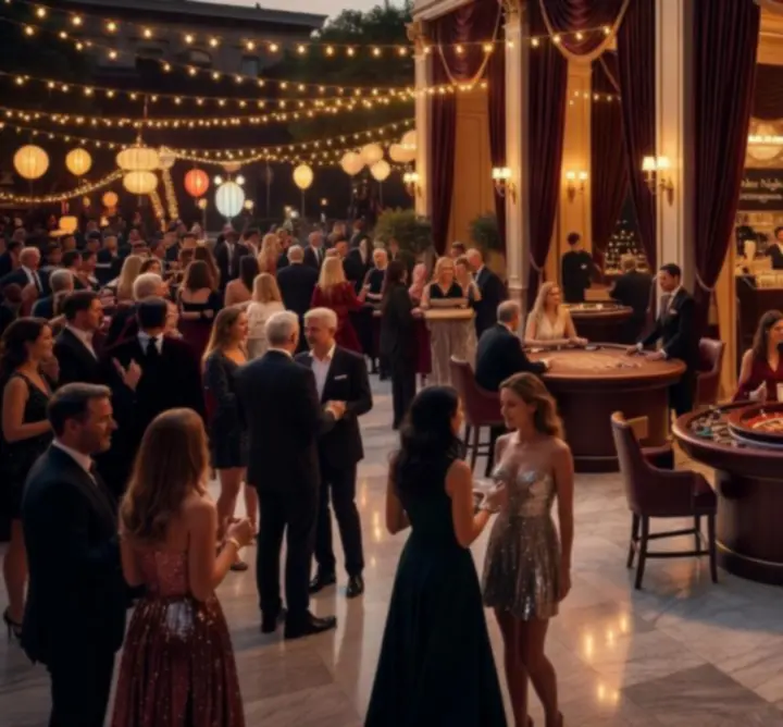 Filmowy montaż wydarzeń: plenerowy festiwal, elegancka sala i stoliki kasynowe.
