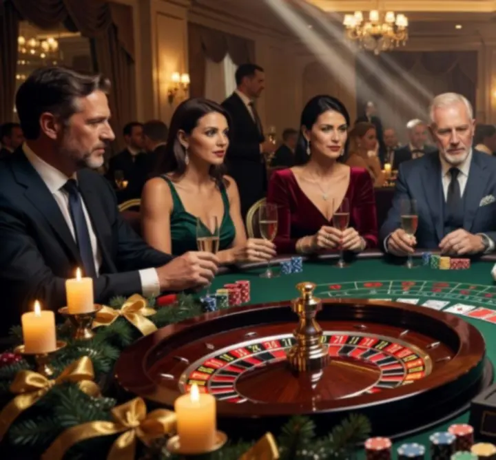 Mobilny stół pokerowy z krupierem i gośćmi grającymi przy eleganckiej aranżacji światła