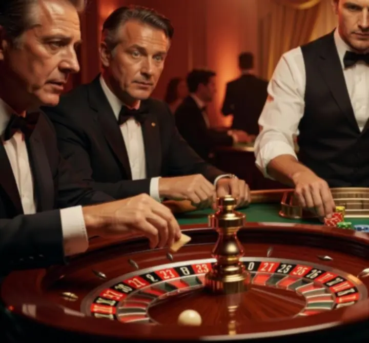 Goście przy stole ruletki, krupier prowadzący grę i elegancka, oświetlona scenografia.