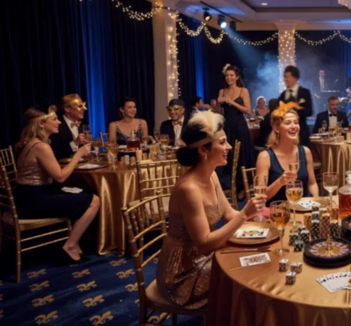 Elegancka sala w klimacie Las Vegas z podświetlonymi stołami do gier i sceną