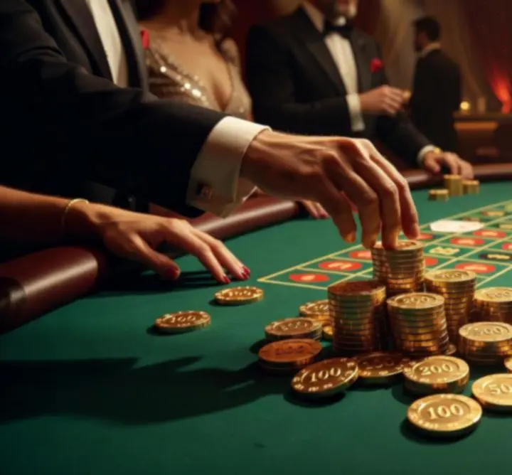 Detaliczny kadr stołu pokerowego z żetonami, kartami i nastrojowym oświetleniem w tle.